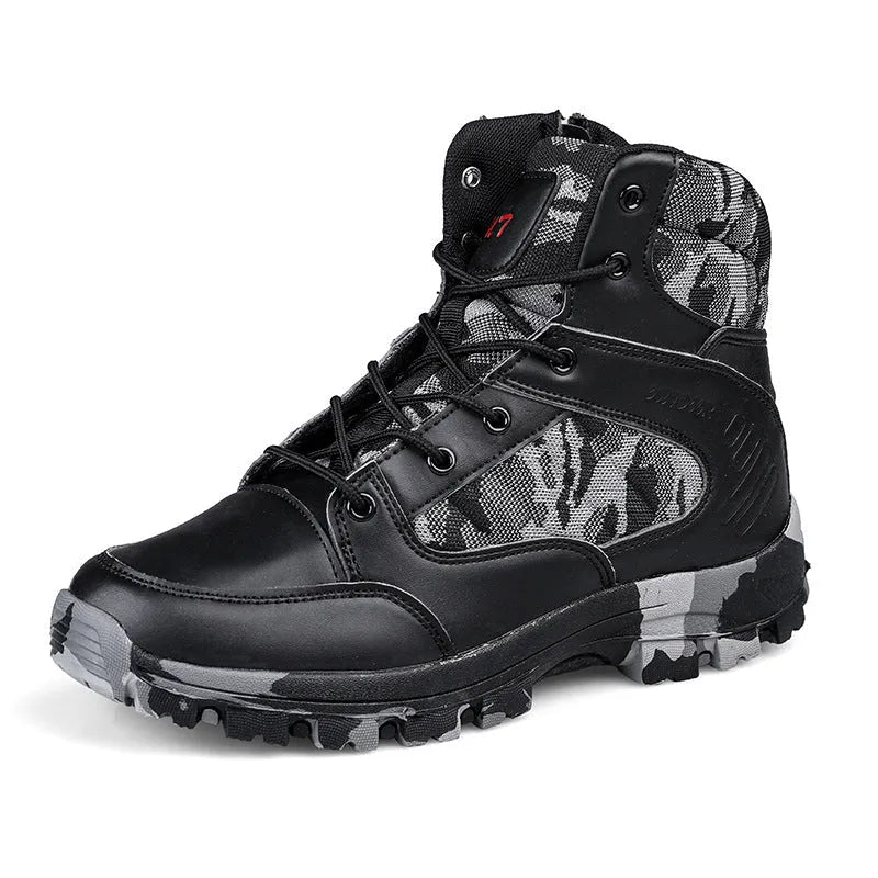 Men's black high-top hiking boots with metal eyelets and a PU leather upper.