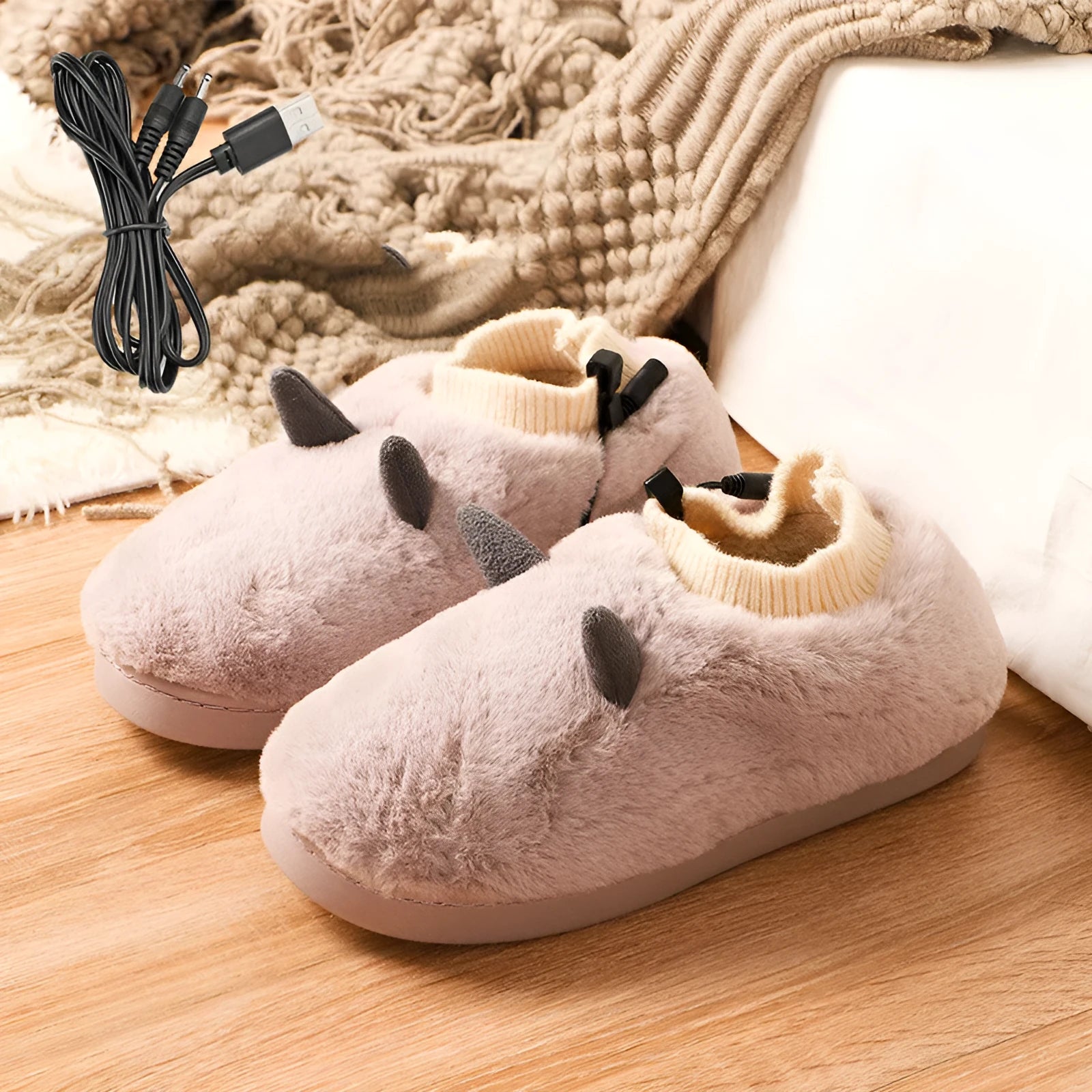 USB electric heating slippers in velvet, showing USB cable connection and adjustable temperature control.