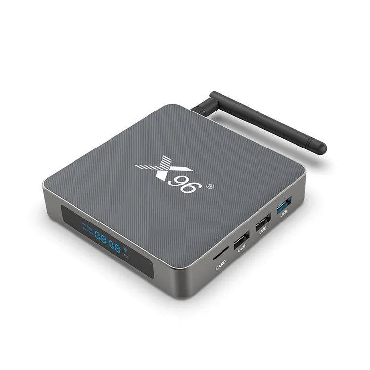 Android smart voice set-top box with remote control, HDMI cable, and dual band WiFi connectivity.