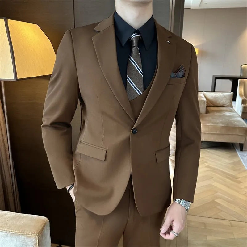 Men's slim fit business formal wear in chemical fibre blend fabric camel colour