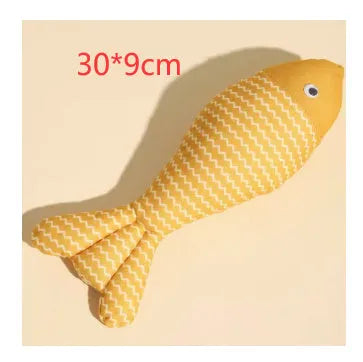 Catnip-filled fabric fish cat toy in blue, red, and yellow colour options