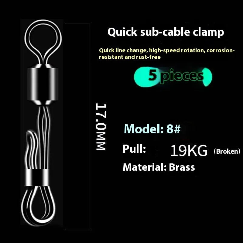 Brass quick change barrel swivel fishing tackle with 8-word ring for fast line changes.