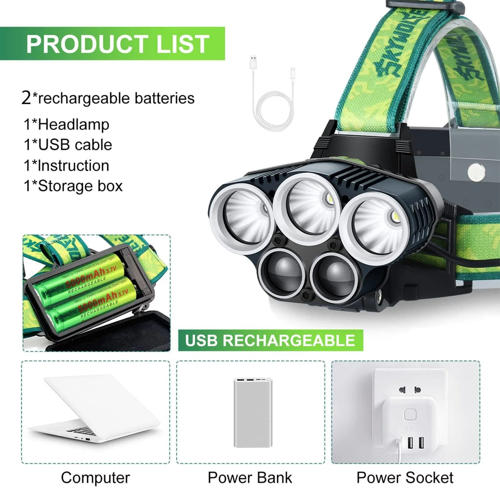 Yellow-green USB rechargeable outdoor headlamp with 5 LEDs on an adjustable head strap.