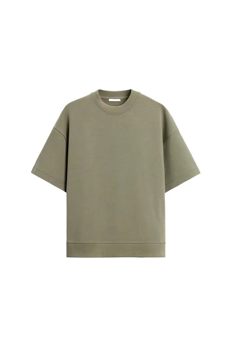 Loose blue polyester T-shirt and matching shorts set on a hanger, showing round neck and double-sided texture.
