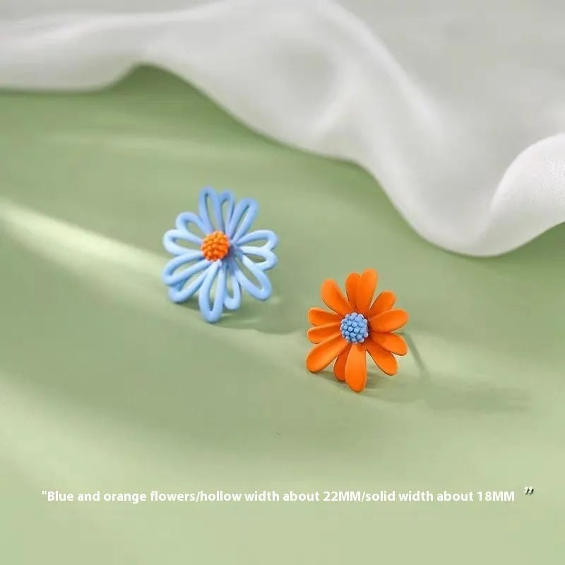 Cartoon flower alloy earrings with summer colour contrasts in blue orange, white green, and yellow white combinations