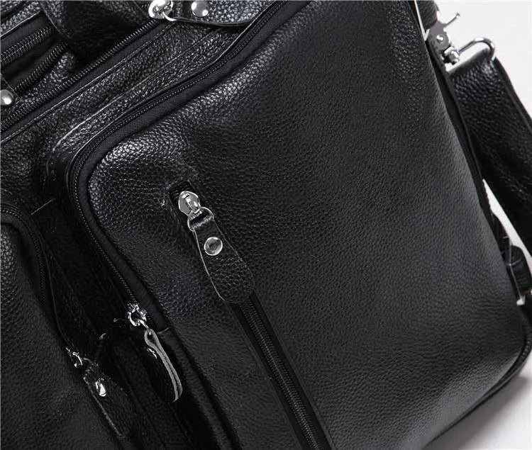Black large leather handbag horizontal square shape with zipper closure and multiple internal compartments