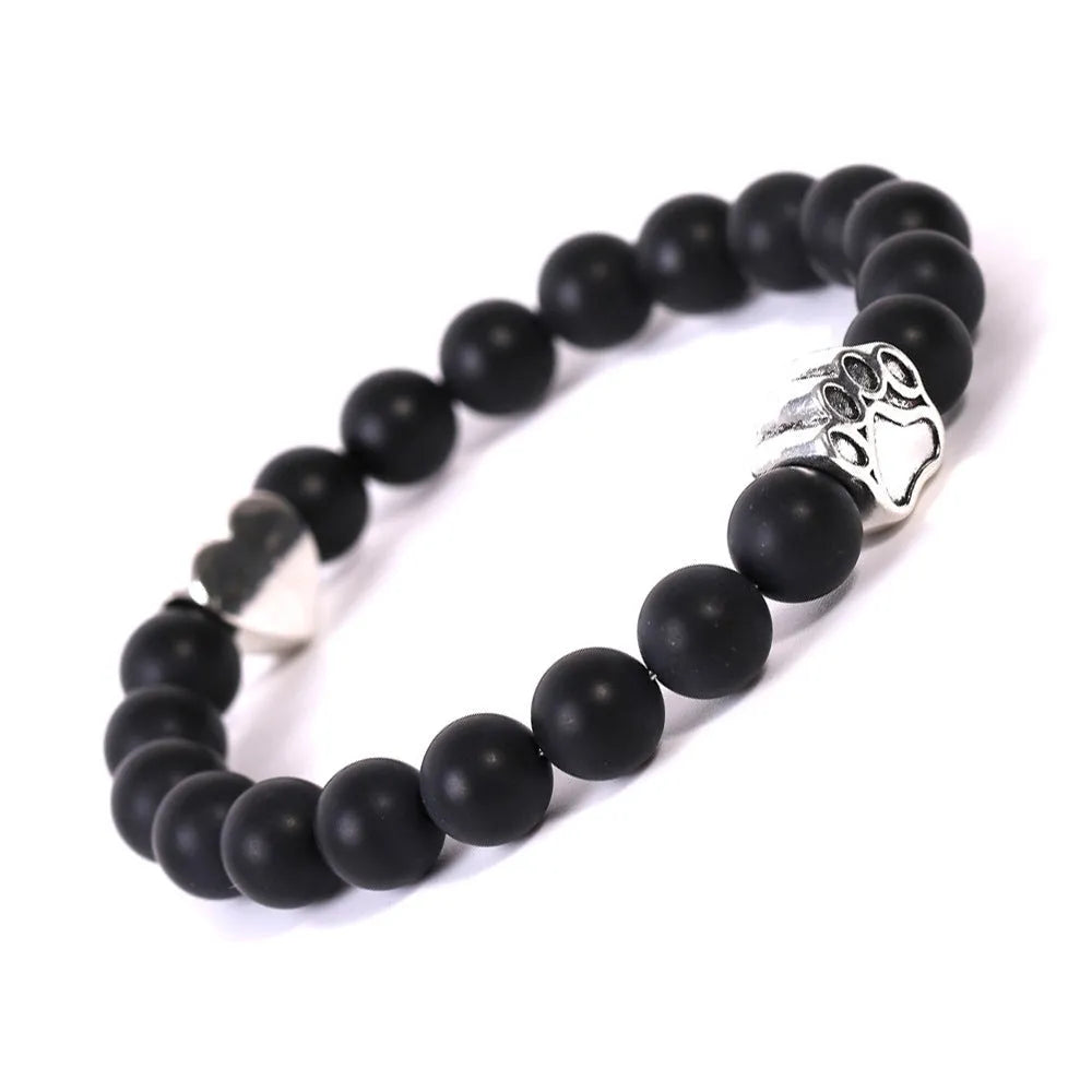 Tigereye and Indian agate stone bead bracelet with a central dog's paw or love heart charm.