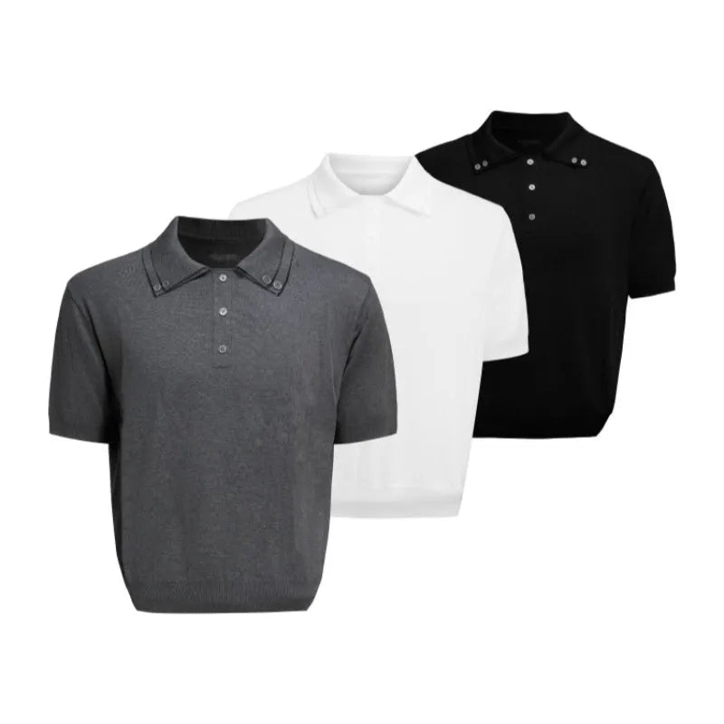 Men's black short sleeve knit shirt with double lapel collar design and ice feeling polyester fabric