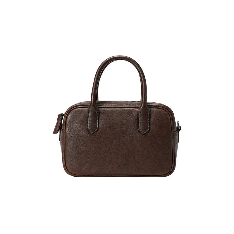 Genuine leather crossbody bag for women in coffee colour with horizontal square shape and metal zip