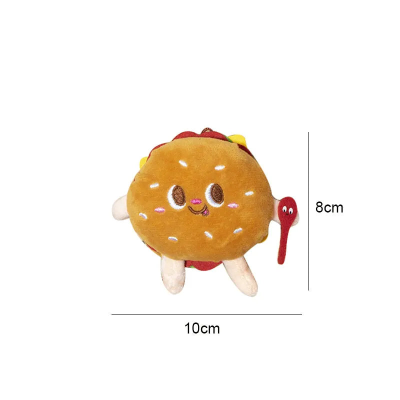 Assorted fast food shaped cat chewing toys including hamburger, chicken leg, bread, fries, and hot dog designs