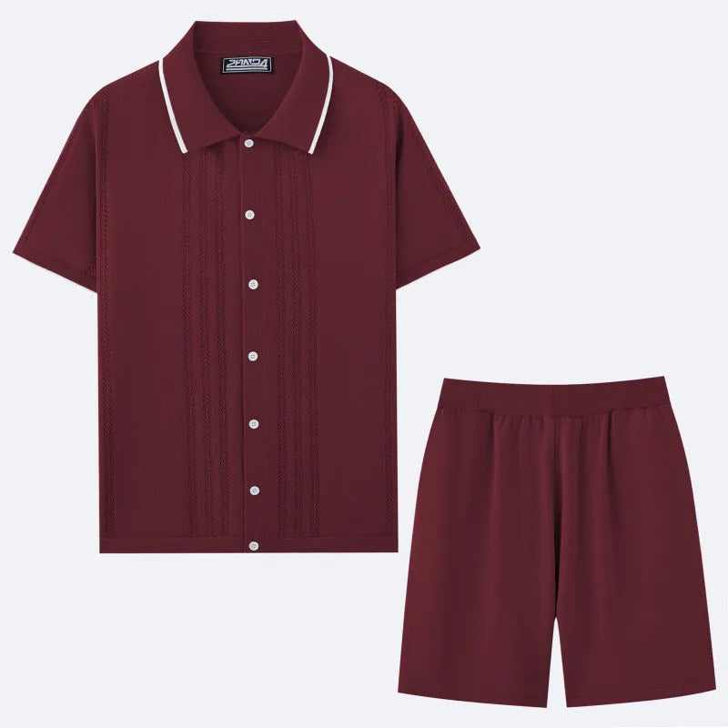 Women's khaki short sleeve sweater and shorts two-piece set laid flat.