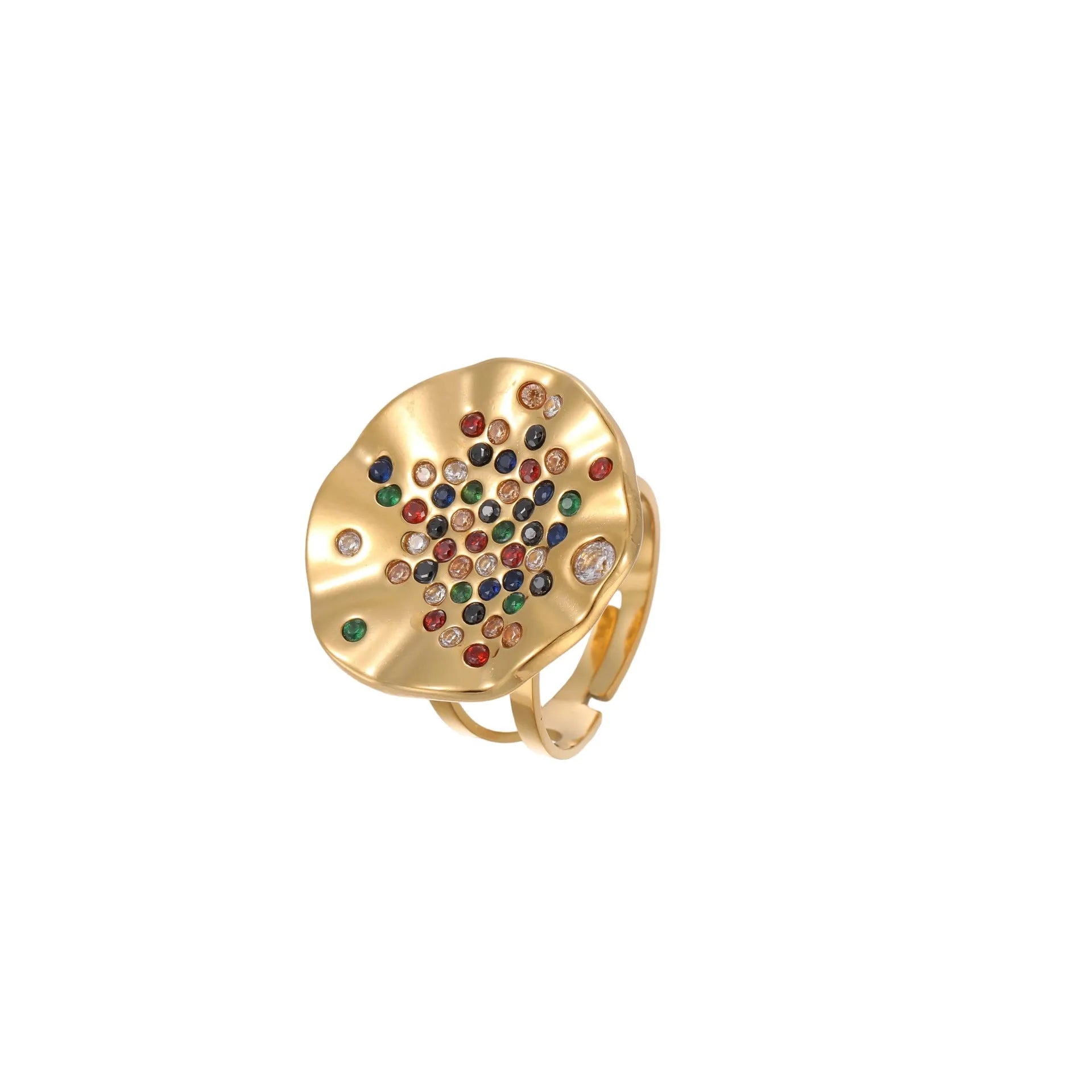 Geometric pleated stainless steel ring with open mouth adjustable design and inlaid coloured crystals