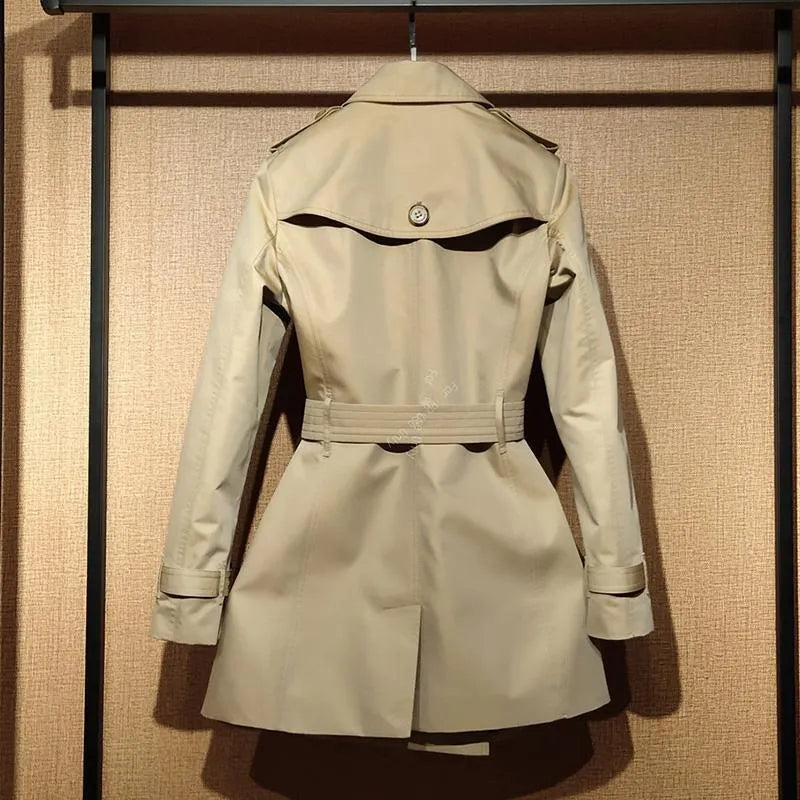Women's khaki trench coat with double-breasted front and flight sleeves