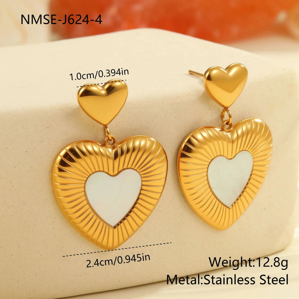 Stainless steel heart shape earrings with fritillary pattern and gold electroplating