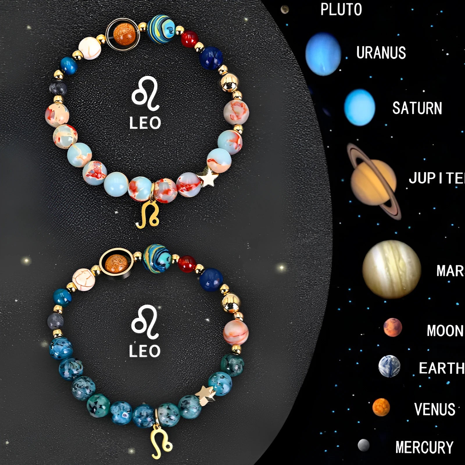 Set of two natural stone beaded bracelets showing zodiac sign charms on a wooden surface.