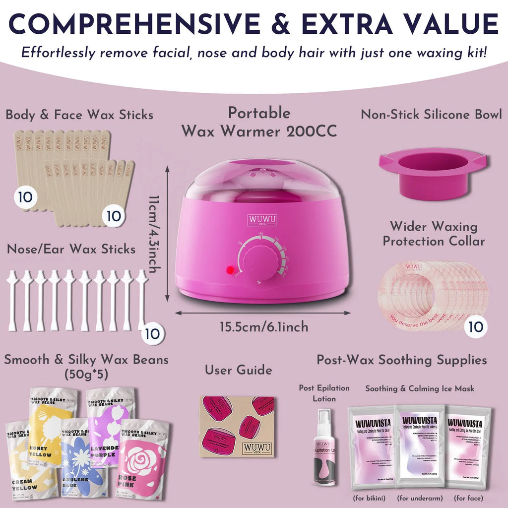 Professional waxing kit with wax warmer, hard wax beans, applicators, and aftercare products for hair removal.