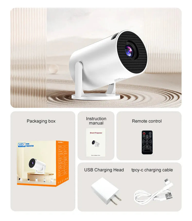 White MINI wireless HD portable projector showing 1080p resolution and wireless connectivity features