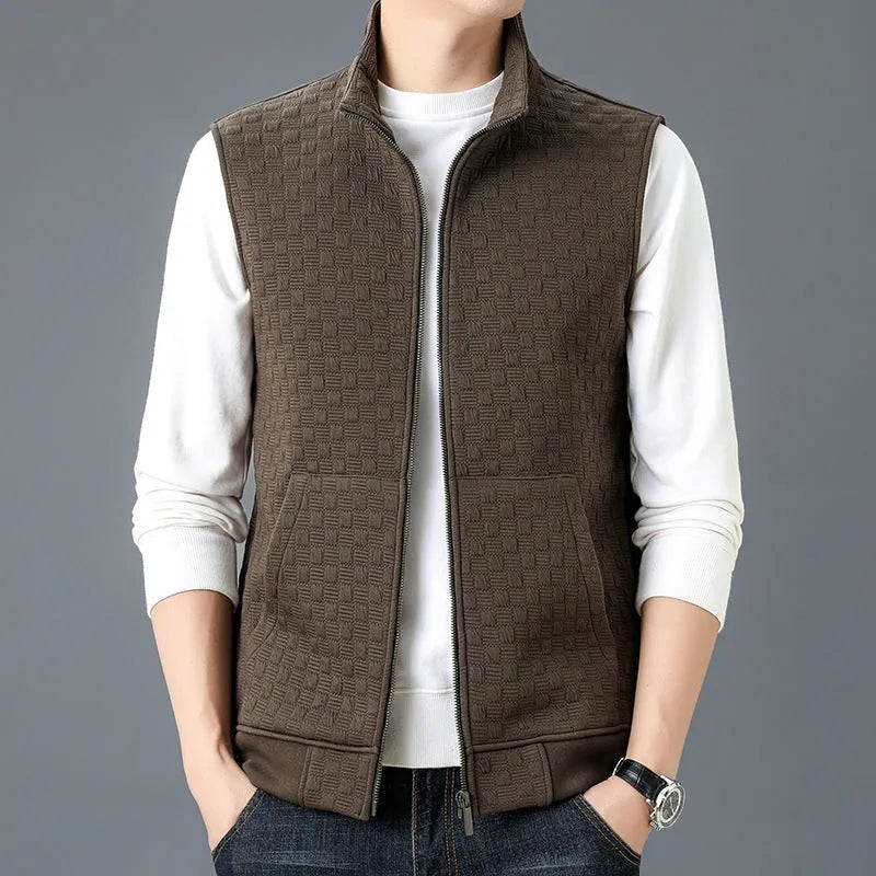 Men's casual sleeveless vest waistcoat in a cardigan style, shown in black, brown, khaki, or grey.