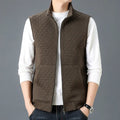 Men's casual sleeveless vest waistcoat in a cardigan style, shown in black, brown, khaki, or grey.