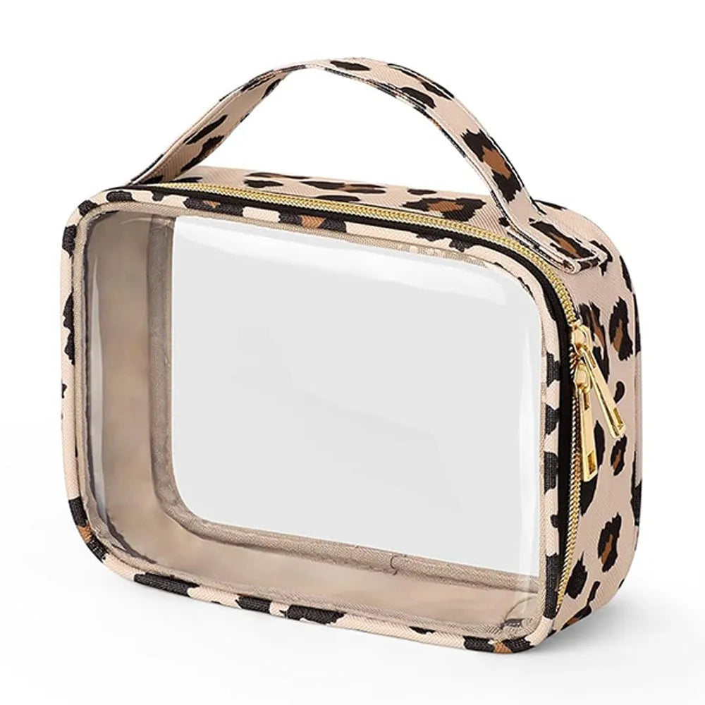 Transparent PVC cosmetics wash bag with chain in multiple colour options on a white background.