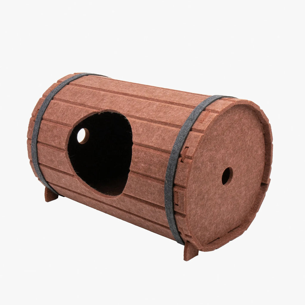 Assembled wine barrel shaped cat bed made from polyester felt panels