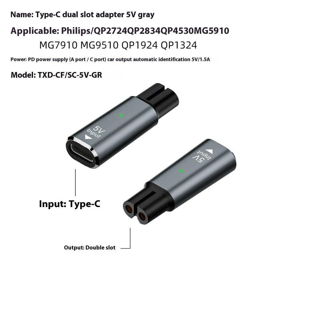 USB C charging adapter for electric shavers with aluminium alloy casing in black or grey
