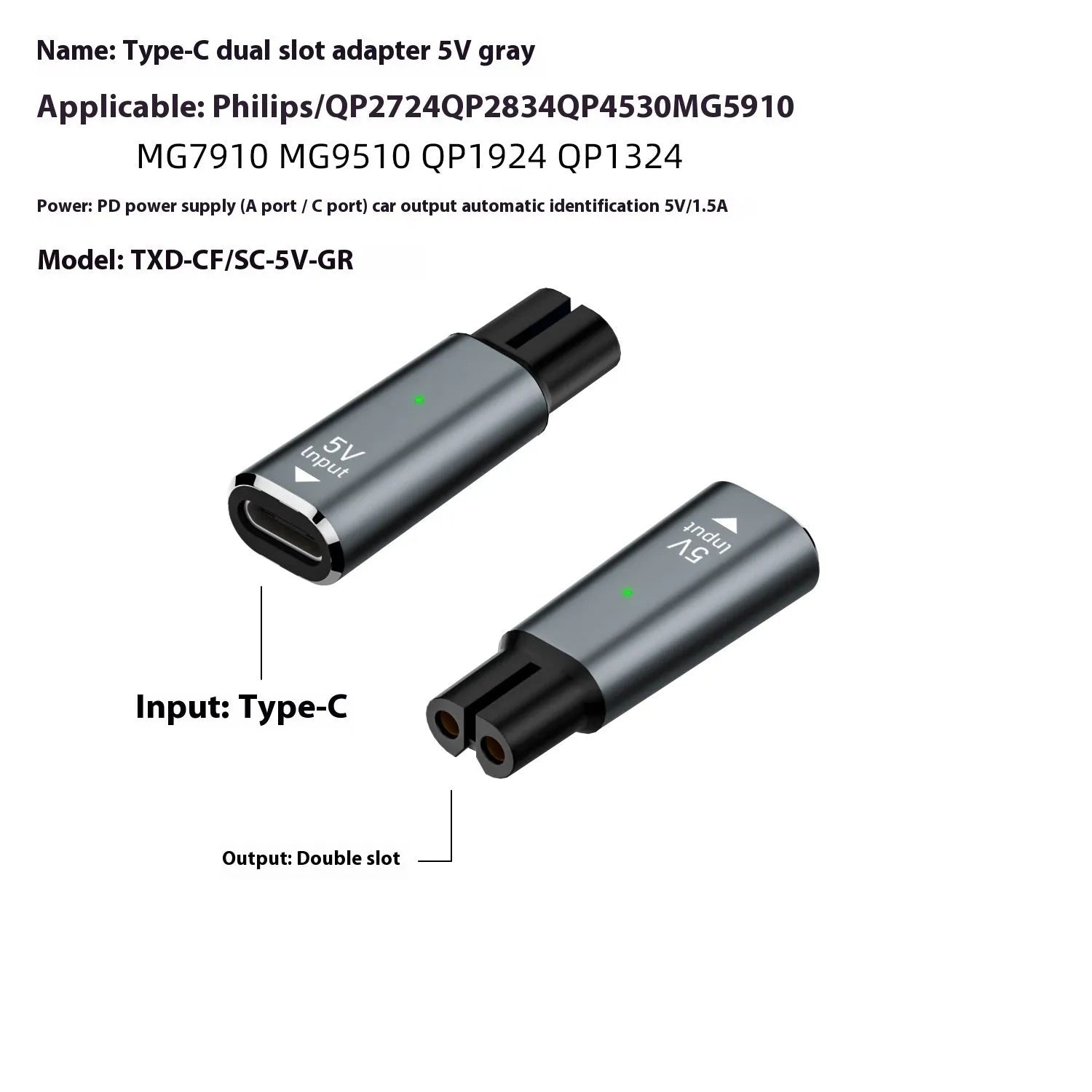 USB C charging adapter for electric shavers with aluminium alloy casing in black or grey