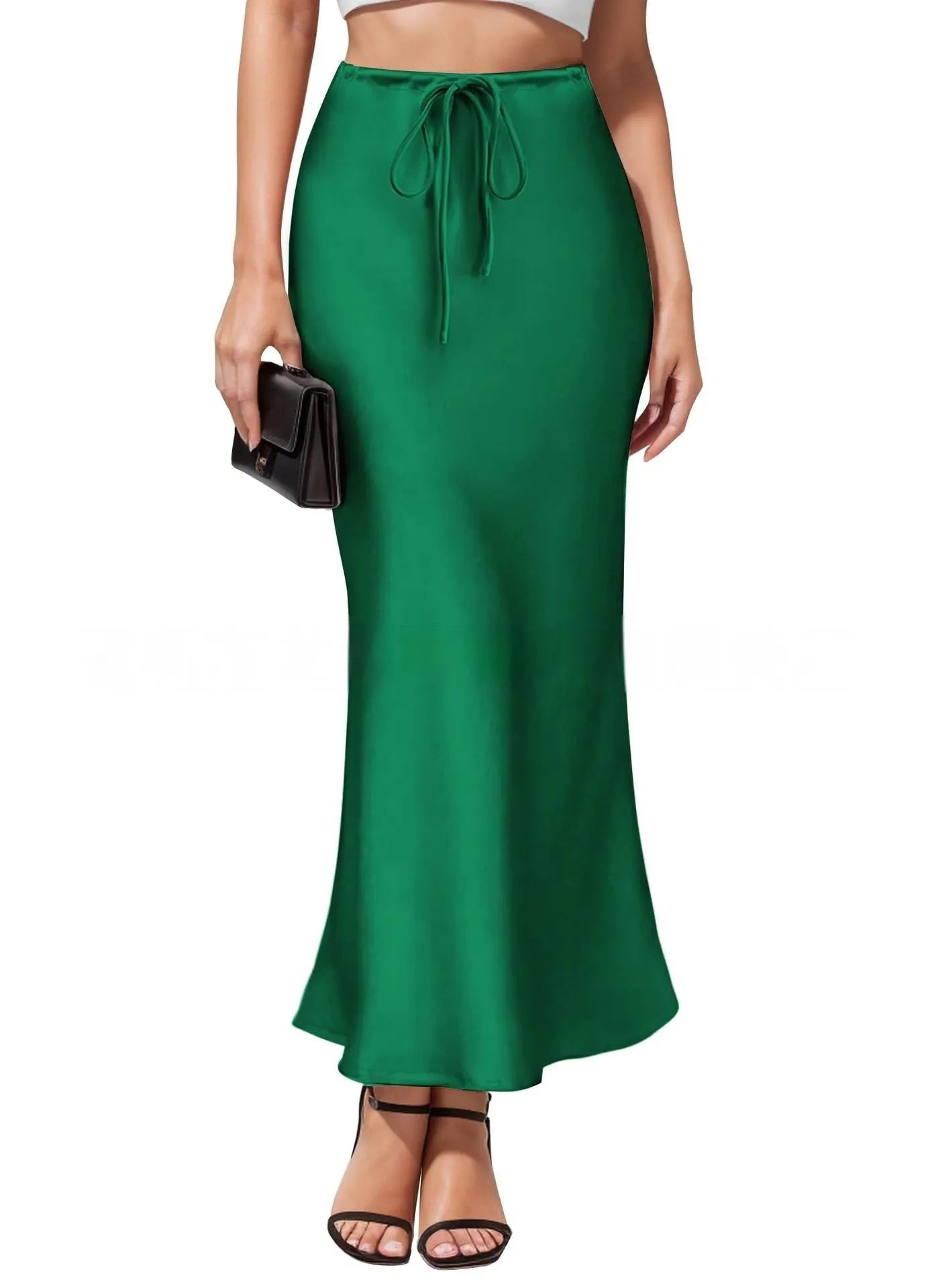 Asymmetric acetate satin skirt with high waist and irregular stitching detail in solid colour.