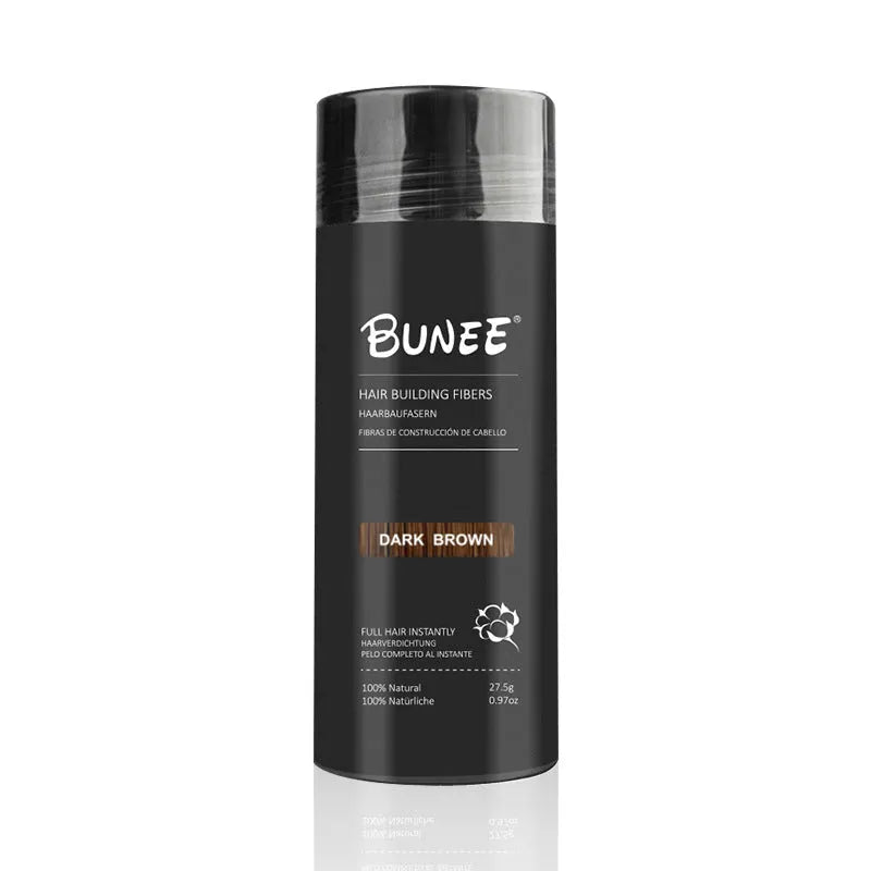 Boxed dense hair fibre powder three-piece set with applicator and lock-in spray for thinning hair coverage.