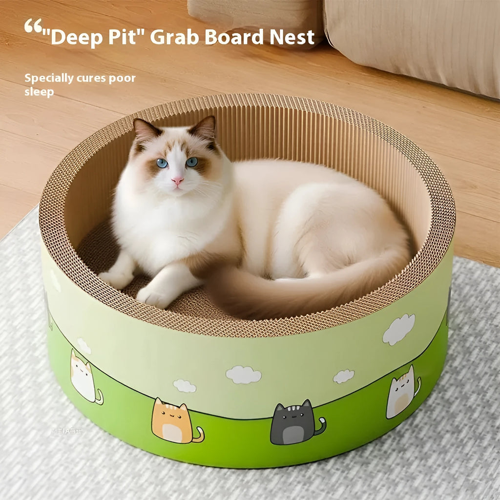 Large round cat scratch board with a deep central pit, made from brown corrugated cardboard.