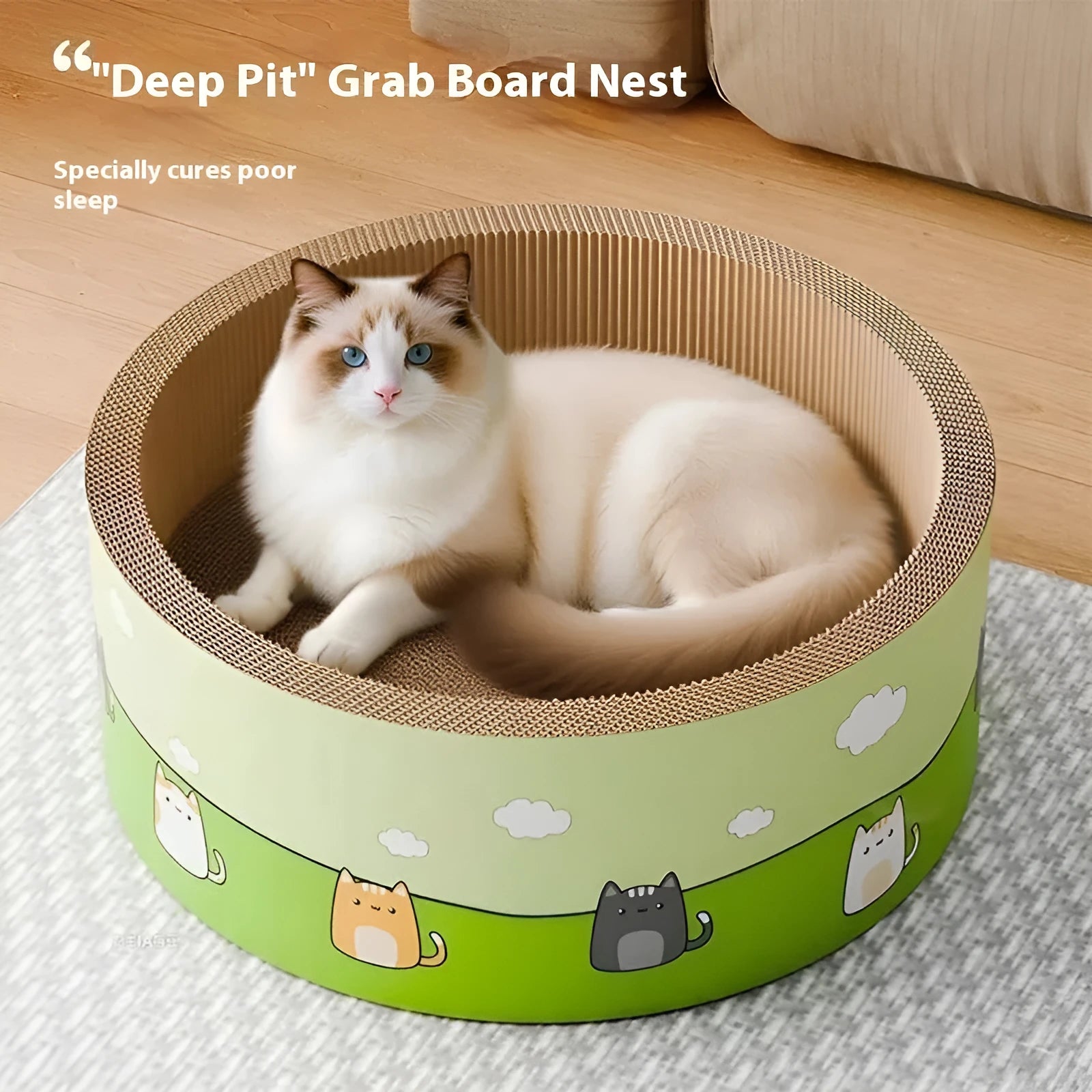 Large round cat scratch board with a deep central pit, made from brown corrugated cardboard.