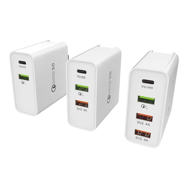 White multi-port USB wall charger with fast charging, showing PD and QC ports.