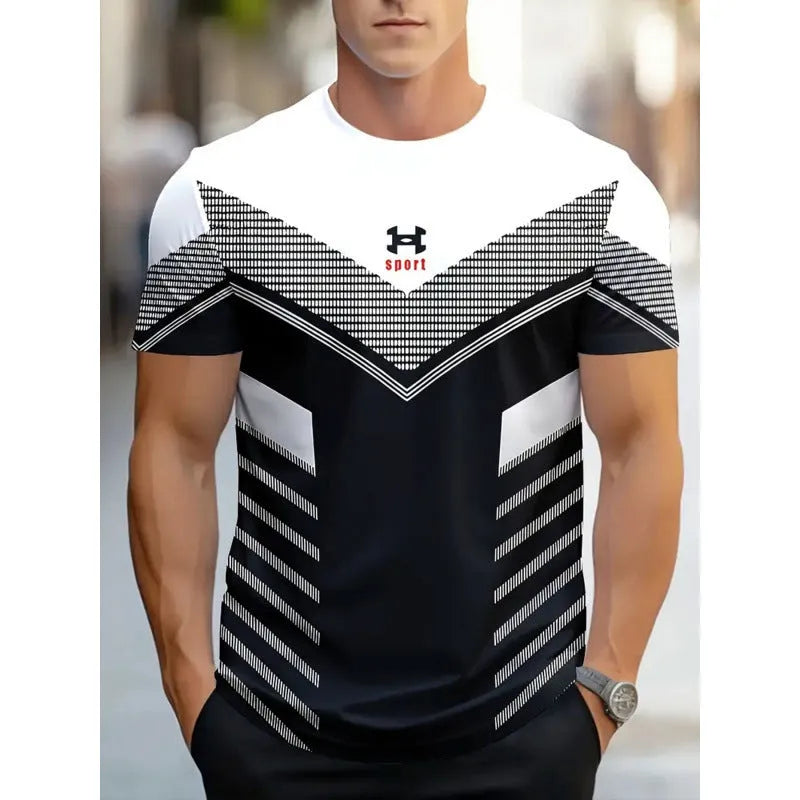 Men's loose fit short sleeve T-shirt with digital 3D printed stripe pattern in polyester fabric