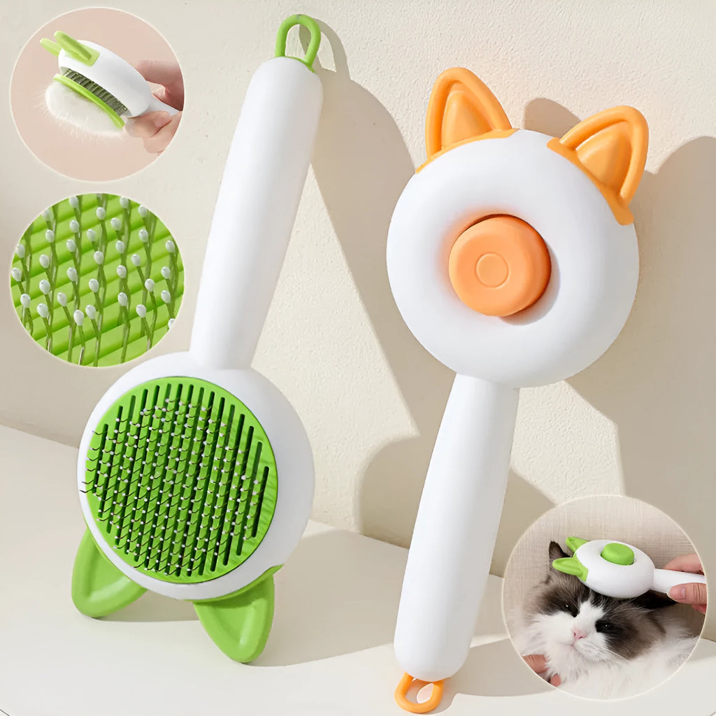 Self-cleaning pet hair remover comb for cats and dogs in greenish white and orange white