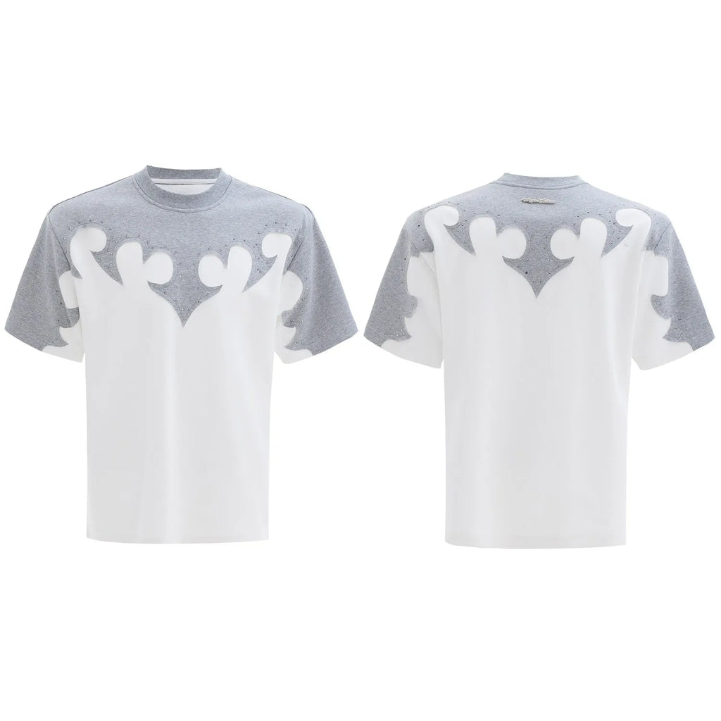 Men's grey t-shirt with 3D stitching and burnt flower rhinestone design on heavy cotton fabric