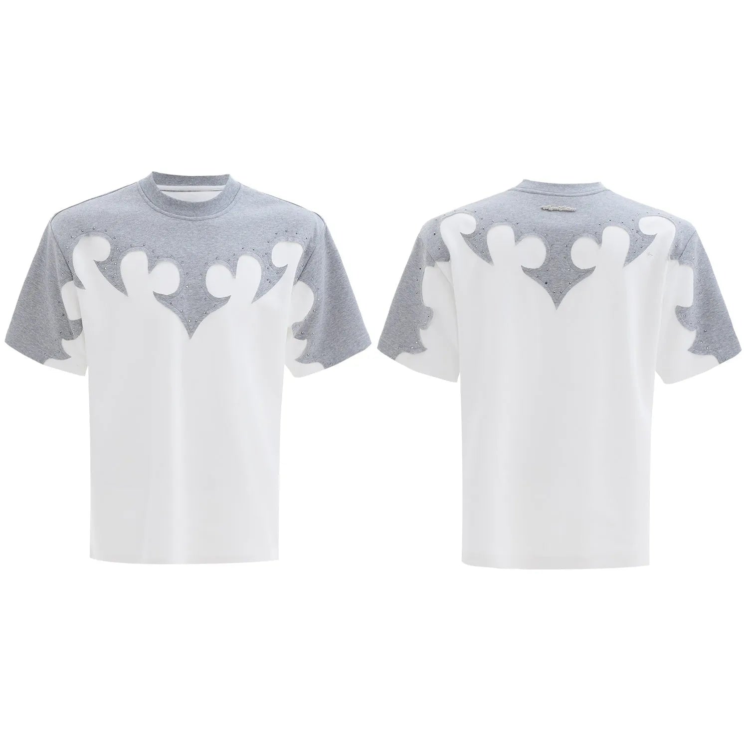 Men's grey t-shirt with 3D stitching and burnt flower rhinestone design on heavy cotton fabric
