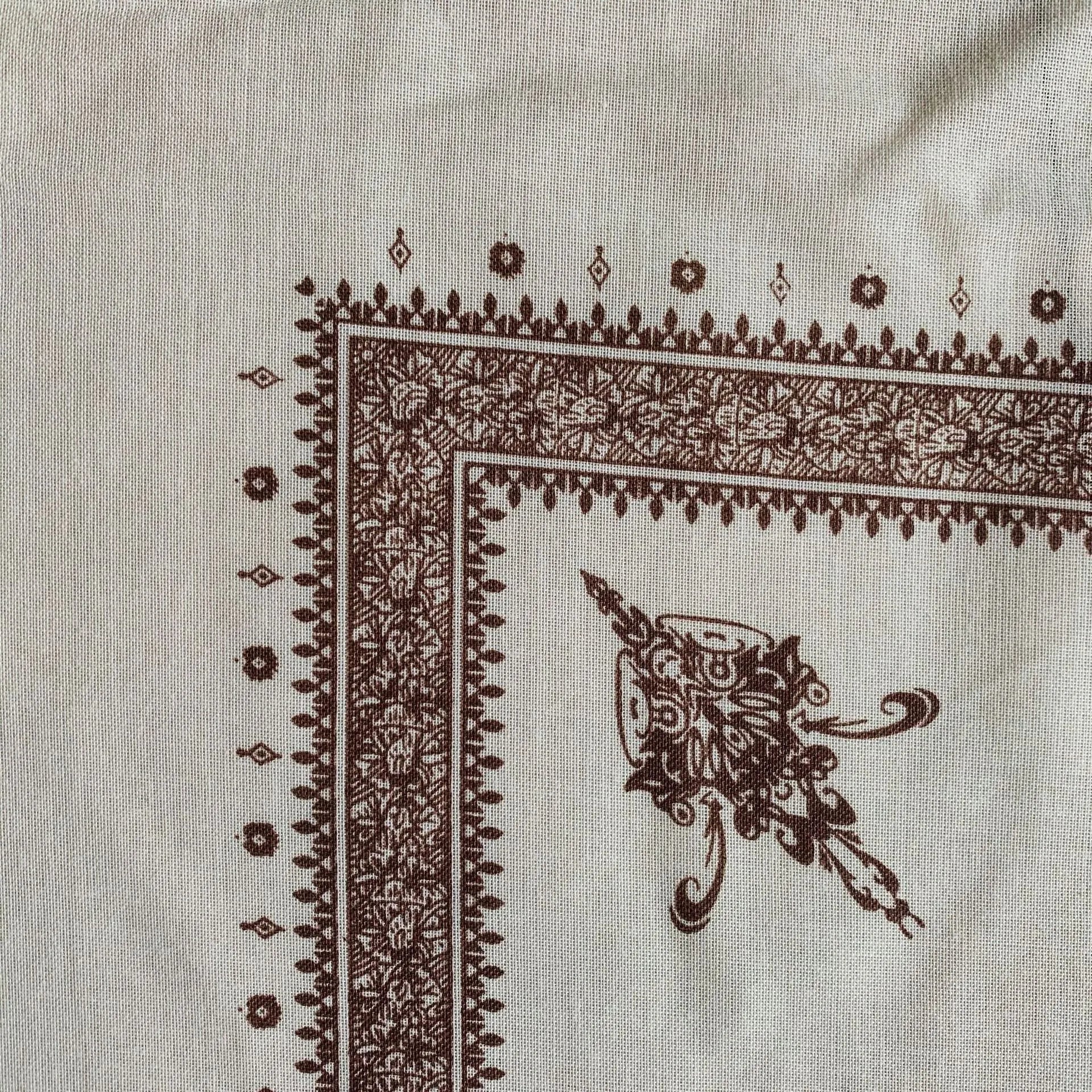 Printed square polyester scarf showing coffee colour option laid flat to display 138cm dimensions