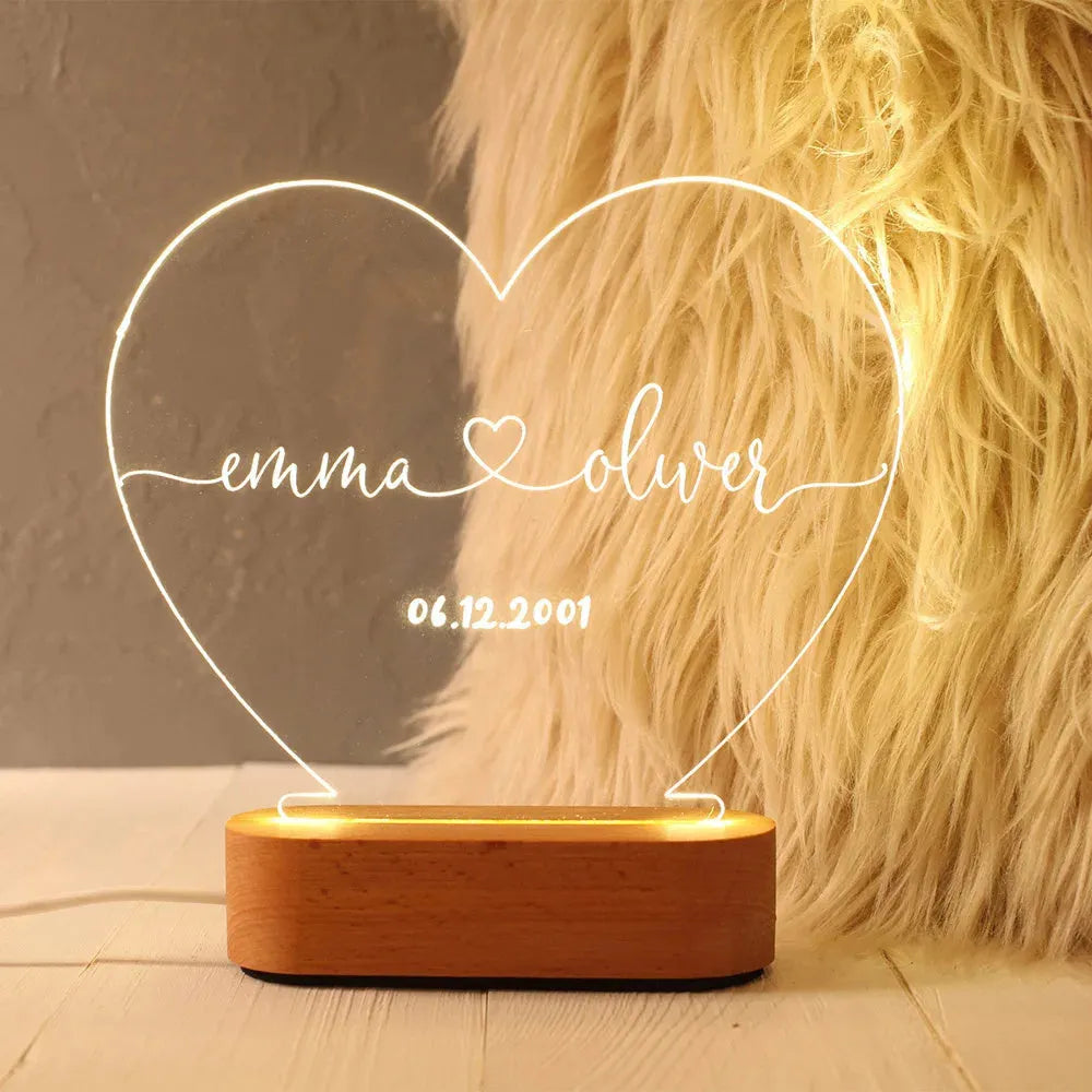 Transparent acrylic custom night light measuring 20cm by 11.5cm with personalised text