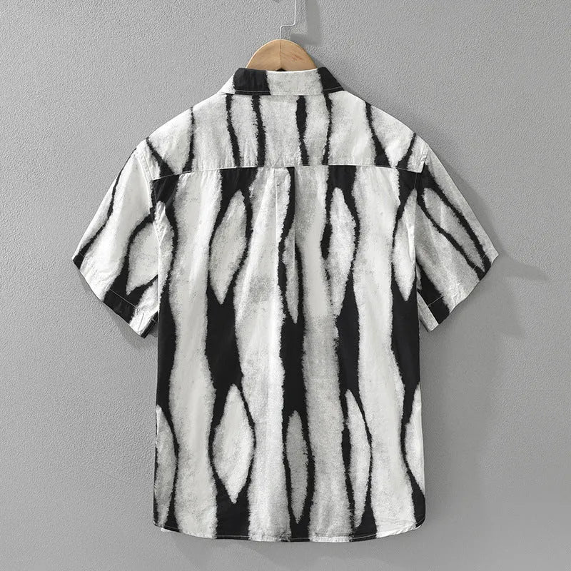 Men's black and brown retro striped short sleeve shirt with loose cardigan fit
