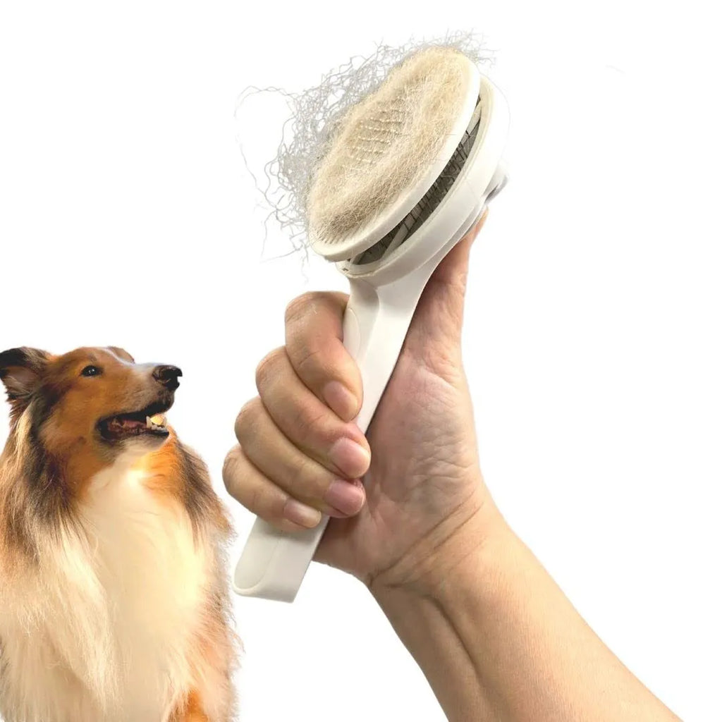 Blue grey pink self-cleaning slicker brush for dogs and cats with ergonomic handle