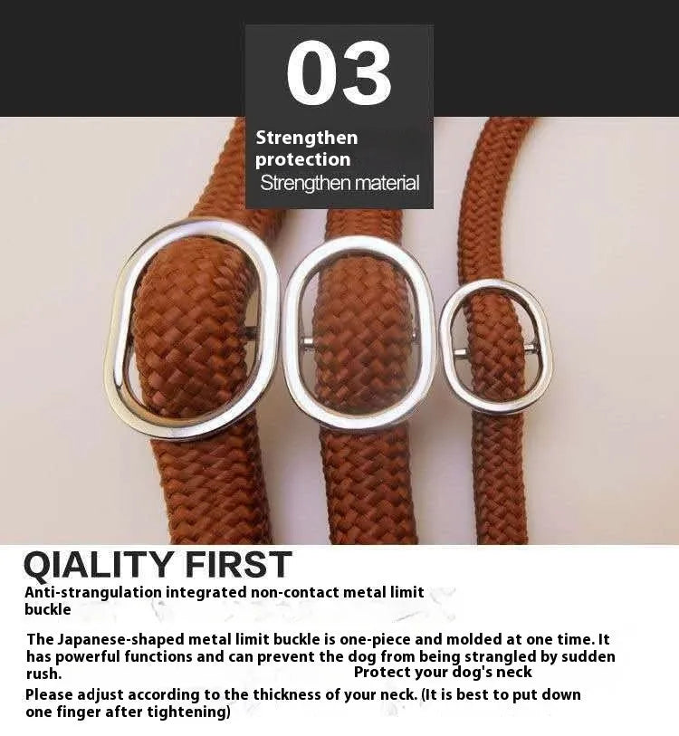 Brown nylon dog leash with P chain hand holding rope, shown at full 2.1 metre length.