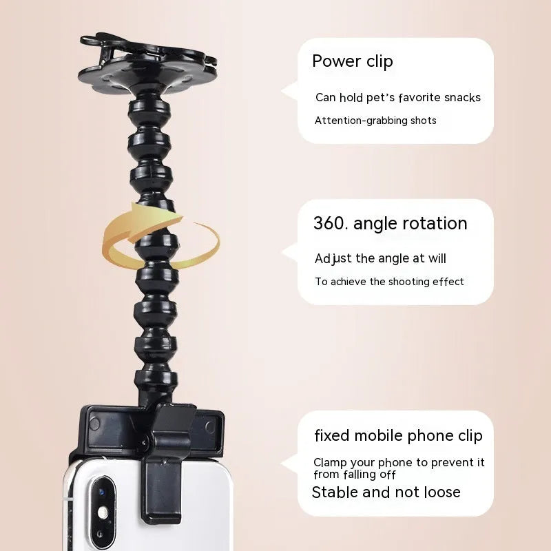 Black and white pet photography phone holder with snack grip and 360-degree rotation