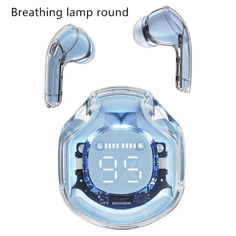 Transparent warehouse wireless Bluetooth headset in white, black, pink, sky blue, or violet with optional breathing light