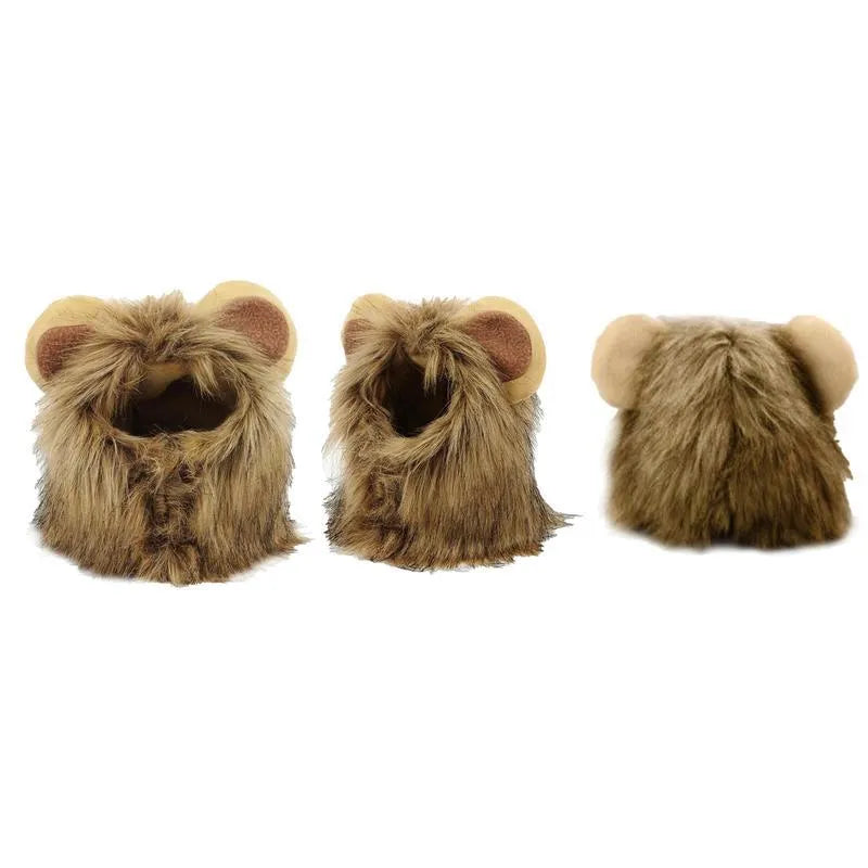 Lion mane wig costume with plush ears on a cat, showing adjustable elastic band and fluffy artificial hair.