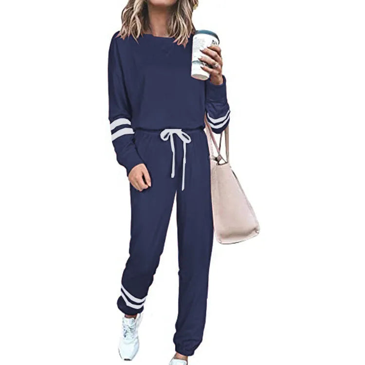 Women's plus size casual suit with long sleeve top and trousers in cotton blend fabric