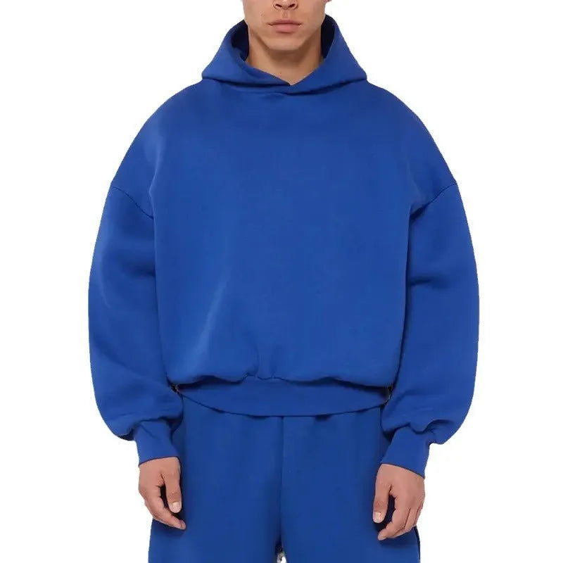Men's solid colour fleece-lined cotton pullover hoodie with wool lining