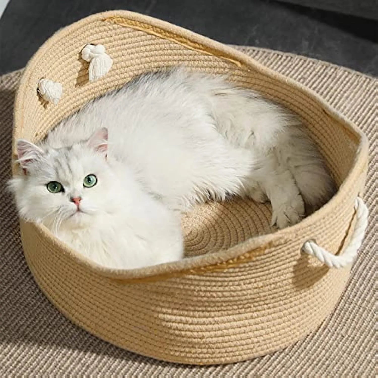 Rectangular wicker cat bed basket with corrugated scratching side, shown in small and large size options.