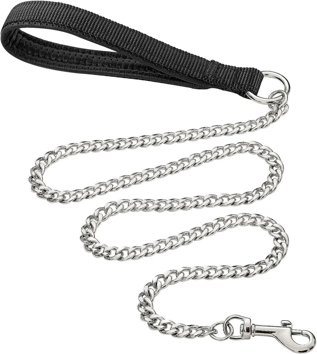 Heavy duty metal dog leash chain with a soft black padded handle