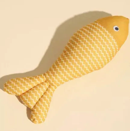 Catnip-filled fabric fish cat toy in blue, red, and yellow colour options
