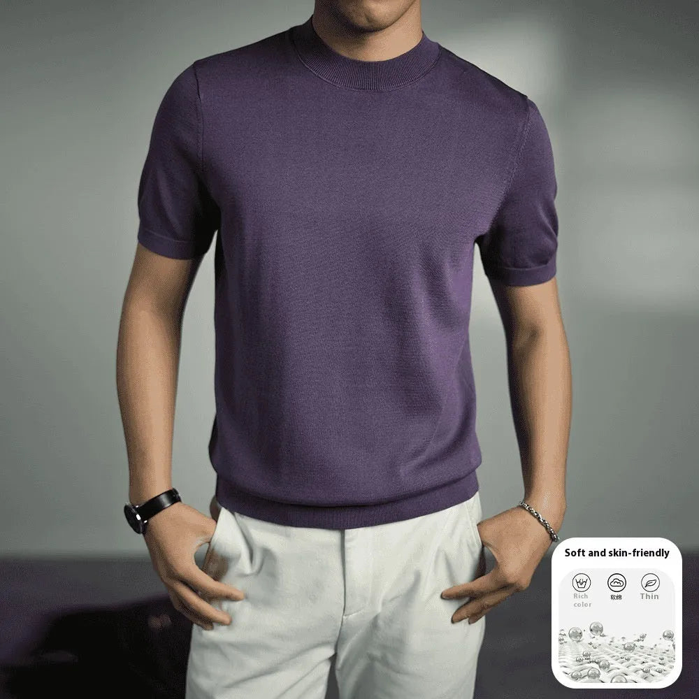 Men's knitted t-shirt in chemical fibre blend with round neck and short sleeves in solid colour options